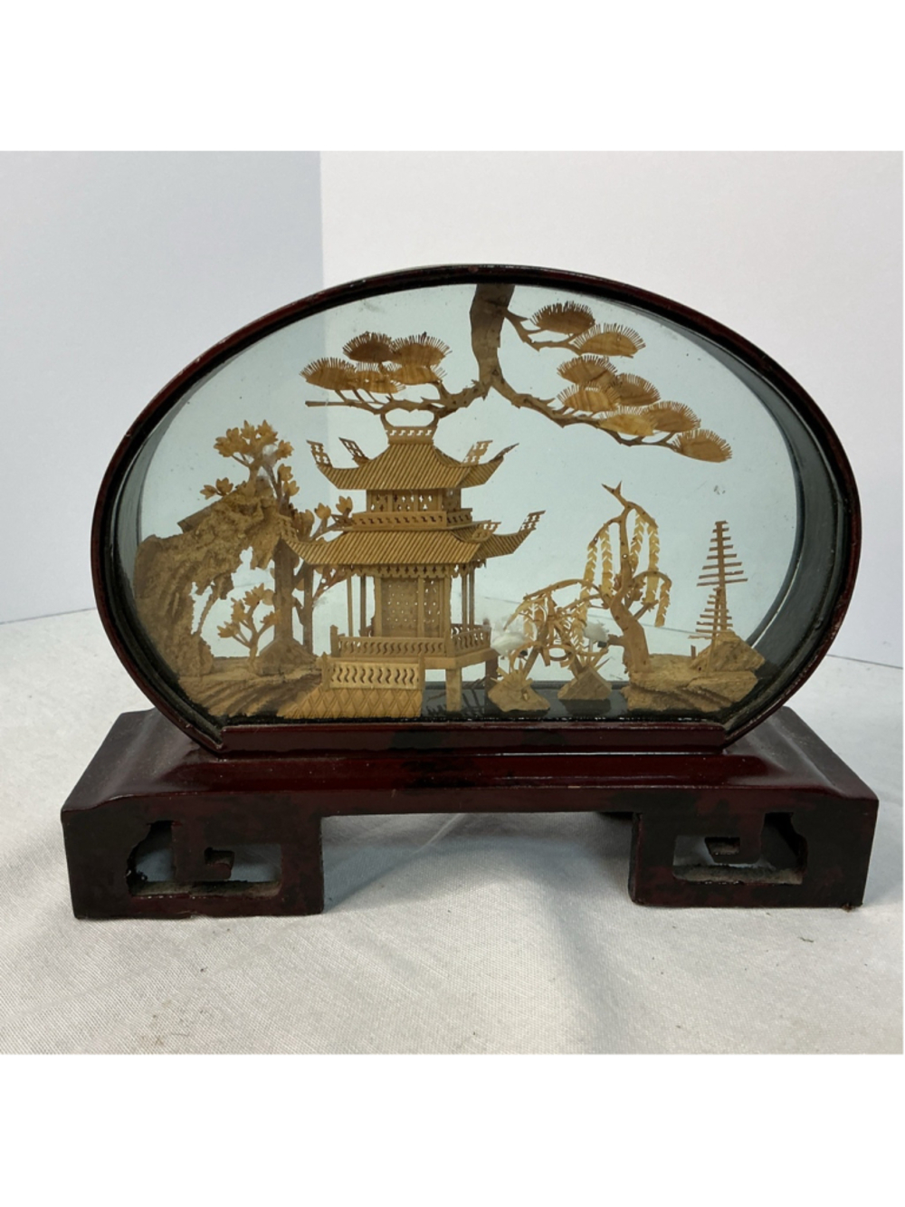 Vintage Chinese Cork Diorama  Pagoda, Intricate Carved Natural Scene.